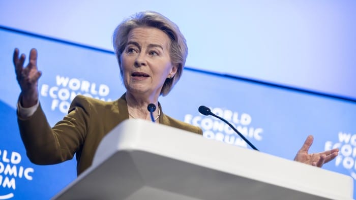 European Commission president Ursula von der Leyen speaks at the World Economic Forum in Davos on Thursday