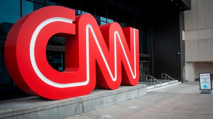 The CNN logo is displayed at the entrance to the CNN Center in Atlanta