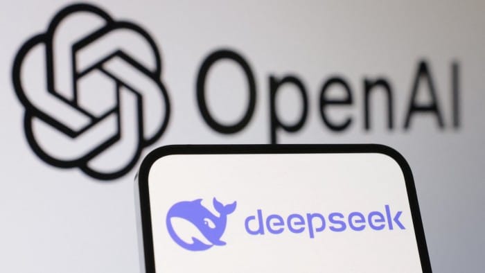 DeepSeek’s logo on a smartphone screen in front of a background with OpenAI’s logo