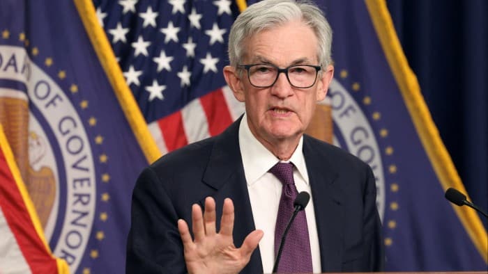 US Federal Reserve chair Jerome Powell speaks during a press conference