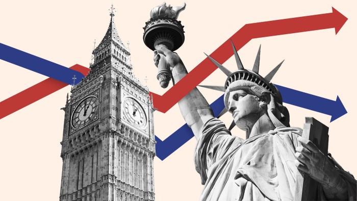 Collage showing Big Ben and the Statue of Liberty, with red and blue arrows crossing in the background