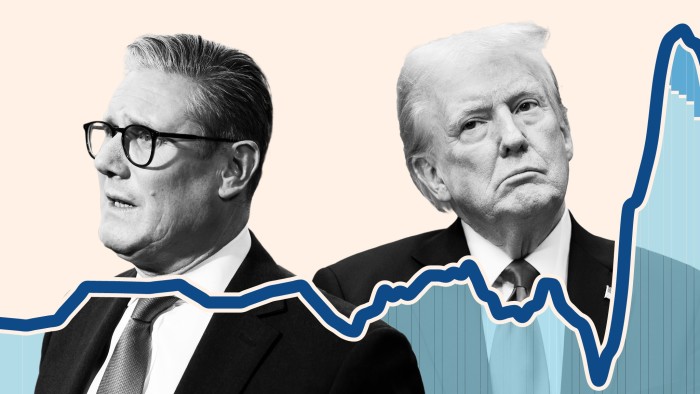 Keir Starmer and Donald Trump are intersected by a graph line that spikes towards the end of its trajectory