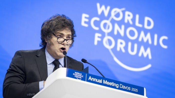 Argentina’s President Javier Milei speaking at the World Economic Forum in Davos, Switzerland on January 23 2025