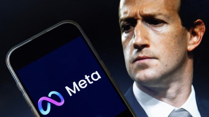 A montage showing Mark Zuckerberg and a smartphone featuring the Meta logo