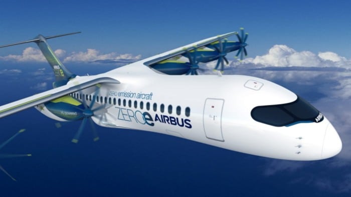 a prototype of an Airbus zero-emission hydrogen-powered aircraft.