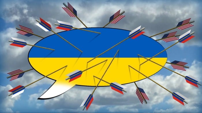 James Ferguson illustration of Ukraine’s flag in a speech bubble pierced by Russian and US arrows