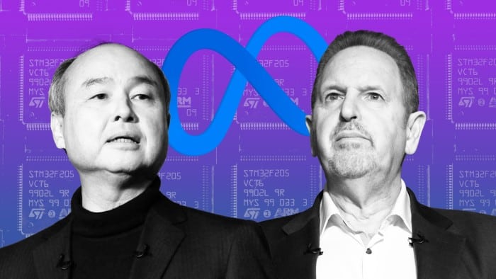 Montage of Masayoshi Son and Rene Haas set on as background of a chip board