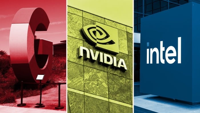 Logos of Google, Nvidia and Intel at offices