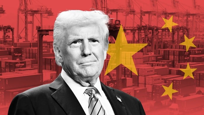 a montage of Trump in front of a Chinese flag and image of a container port