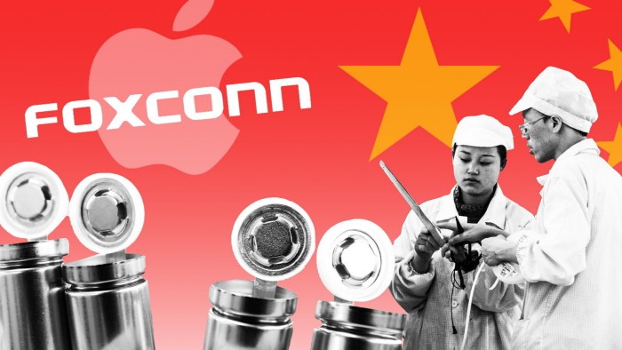 Foxconn staff, lithium batteries and the Apple and Foxconn logos are shown against the backgroud of the Chinese flag