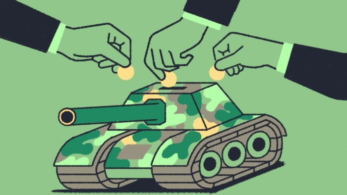 Illustration of three hands putting coins into a slot on a tank-shaped piggy bank