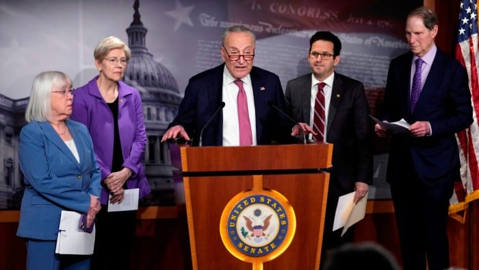 Senate minority leader Chuck Schumer and other Democrats hold a press conference