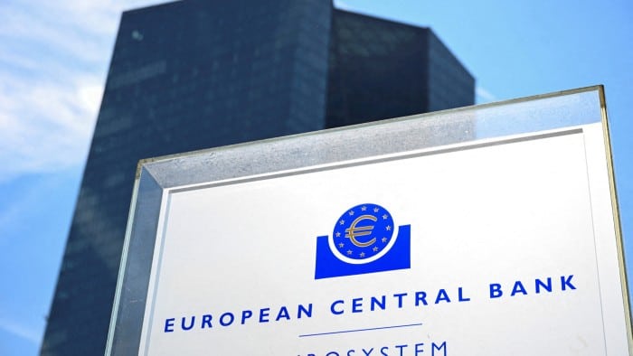 The image shows the European Central Bank headquarters in Frankfurt, Germany