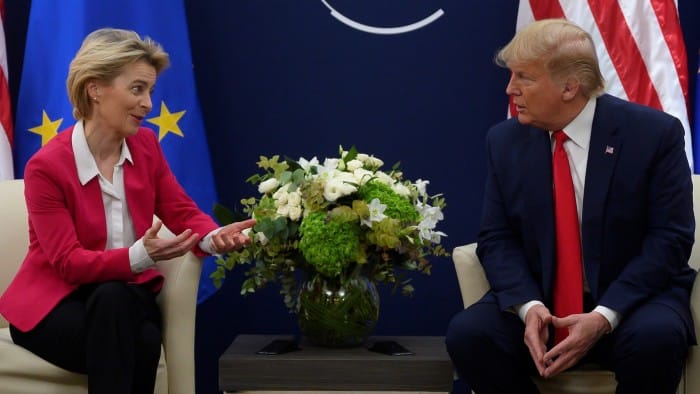 US President Donald Trump speaks with European Commission President Ursula von der Leyen in 2020