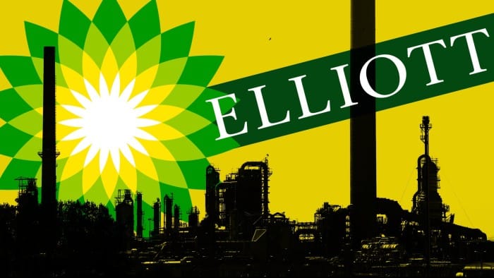 Montage shows a BP oil refinery with BP and Elliott logos