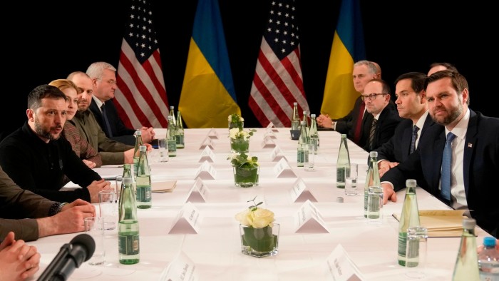 Volodymyr Zelenskyy and JD Vance, right, during a meeting on the sidelines of the Munich Security Conference