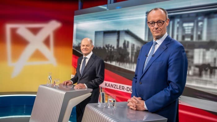 Chancellor Olaf Scholz with CDU leader Friedrich Merz during an election debate