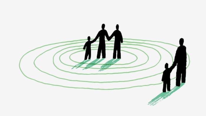 Illustration of three figures standing in the middle of a few concentric circles, while two figures stand outside the circles