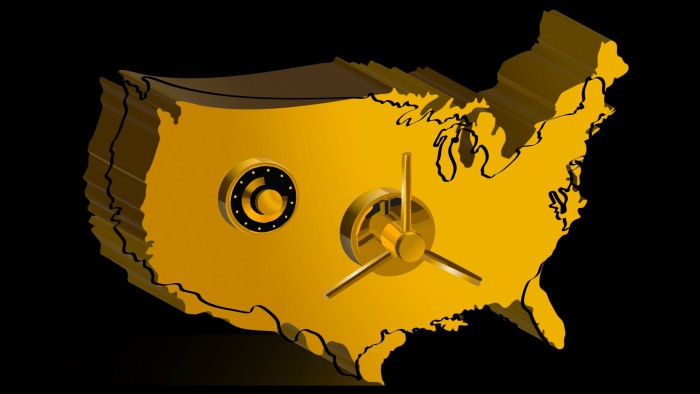 Illustration of a giant gold safe shaped like the USA