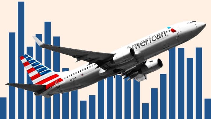 FT montage of an American Airlines jet flying in front of a bar chart