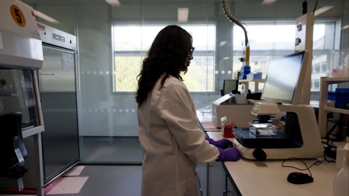 A woman works at a lab bench in the GSK development hub in Stevenage