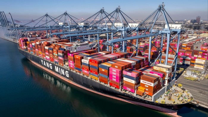 Containers on a Yang Ming Marine Transport Corp. cargo ship at the Port of Long Beach in Long Beach, California