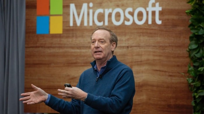 Microsoft president Brad Smith speaks at an event