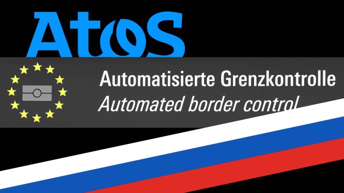 A montage of the Atos logo, the colours of the French flag and a border control sign