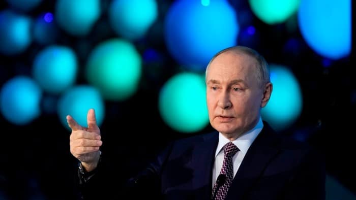 Russian President Vladimir Putin addresses a Technology Forum in Moscow, Russia on February 21 2025