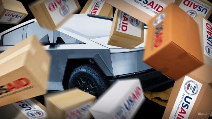 James Ferguson illustration of a Tesla truck smashing through USAID boxes