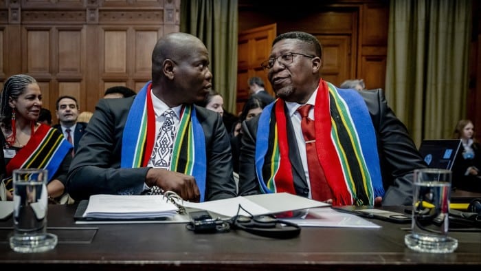 South Africa Minister of Justice Ronald Lamola and Ambassador to the Netherlands Vusimuzi Madonsela at the International Court of Justice  last year