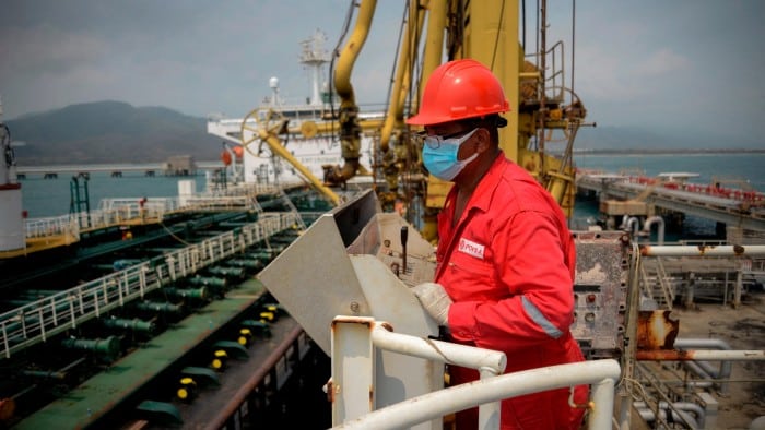 A workers for Venezuela’s state-owned oil group PDVSA on a platform