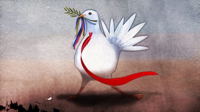 Ann Kiernan illustration of a dove wearing a red tie holding an olive branch, Russian flag and Ukrainian flag.