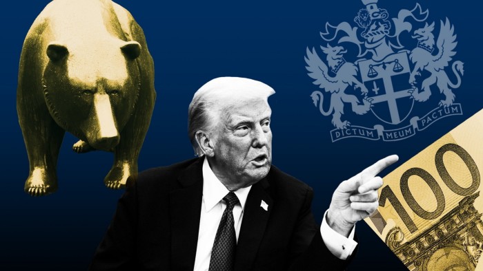 A montage of the bronze bear sculpture outside the Frankfurt Stock Exchange, the LSE logo, Euro notes and Donald Trump