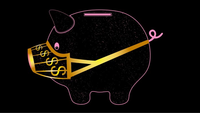 Efi Chalikopoulou illustration of a muzzled piggy bank. The front part of the golden muzzle shapes dollar signs.