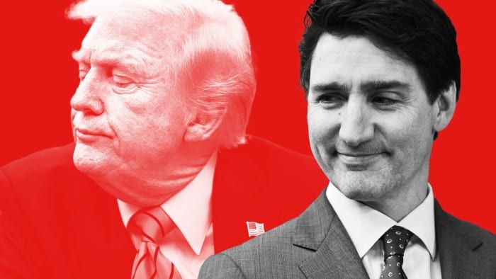 A montage of Donald Trump and Justin Trudeau on a red background