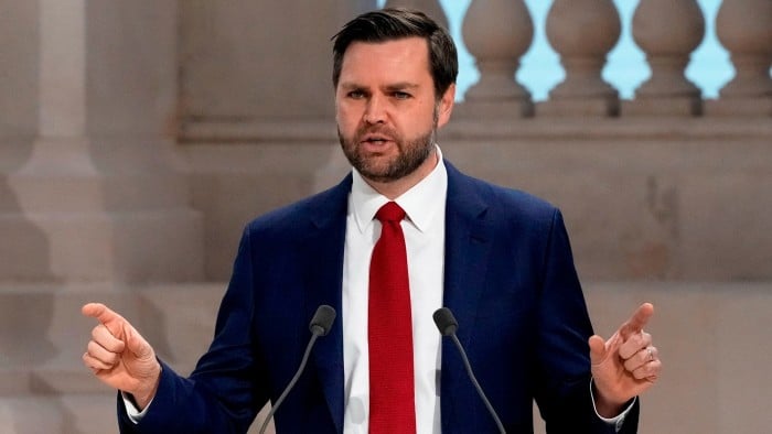 US vice-president JD Vance addresses the audience at the Grand Palais during the Artificial Intelligence Action Summit in Paris on Tuesday