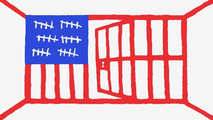 Ben Hickey illustration of a prison cell that is derived from the components of an American flag. The cell door is open