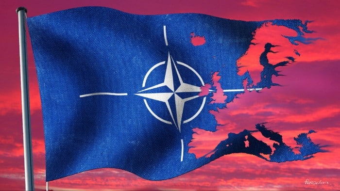 James Ferguson illustration of a Nato flag with the outline of Europe torn out.