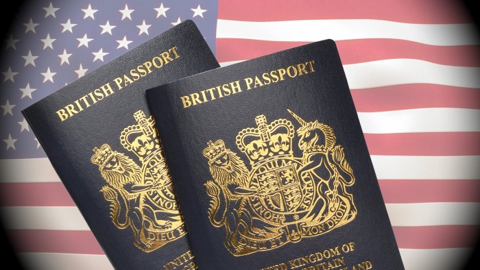 Montage shows UK passports against a backdrop of the US flag