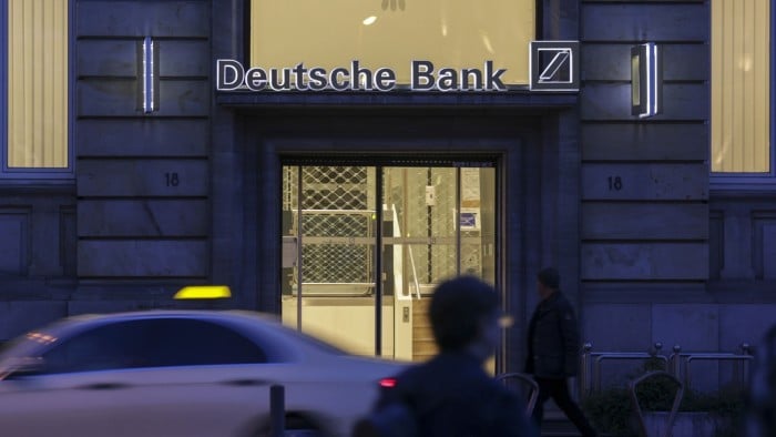 A Deutsche Bank branch entrance in Frankfurt's financial district