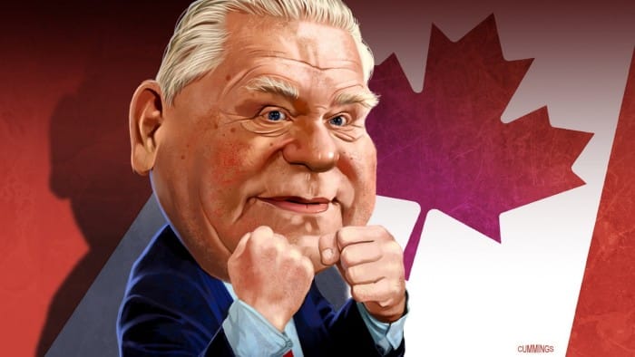 Joe Cummings illustration of Person in the News Doug Ford standing in front of the Canadian flag with his fists clenched ready to fight.