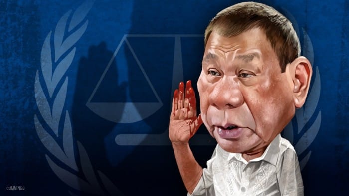 Illustration of former Philippine President Rodrigo Duterte holds up a blood right hand while standing in front of an ICC logo