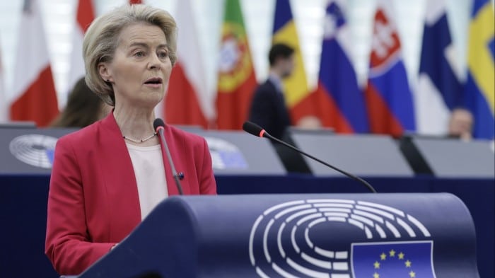 Ursula von der Leyen speaks at a podium during a debate at the European parliament in Strasbourg, France on March 11 2025