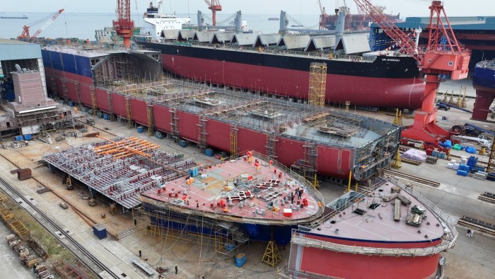 Ships under construction in a yard of a shipbuilding company in Taicang, Jiangsu province, China