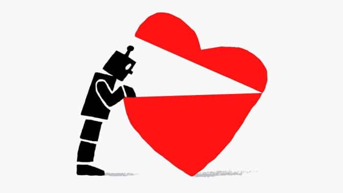 Illustration of a robot looking into a heart that has had its top opened up