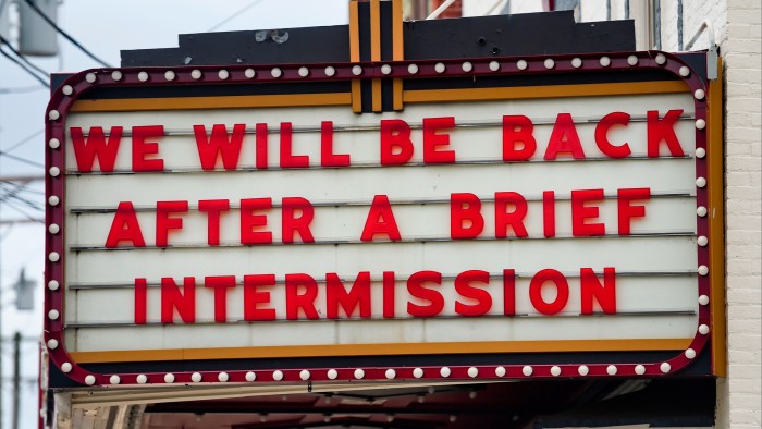 American outdoor sign saying ‘We will be back after a brief intermission’ in red letters on a white background