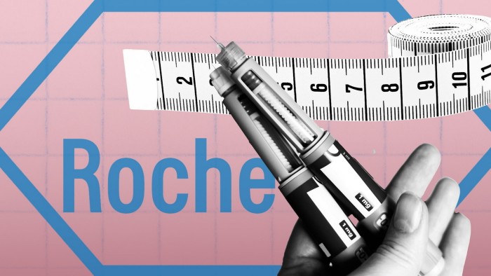 Roche logo, a tape measure and weight loss injections