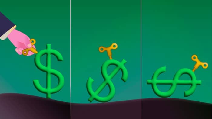 Illustration of a dollar symbol with a screw on it being turned. A second and third image show the dollar symbol falling on to its side