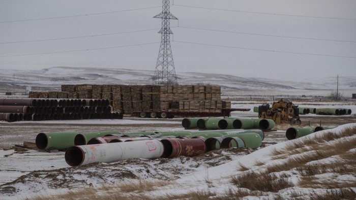 Pipes for the Keystone XL pipeline stacked in a yard near Oyen, Alberta, Canada, in 2021